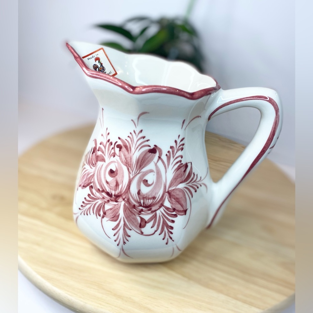 Portugal Ceramic Hand Painted Elegant White and Red Ceramic Pitcher Floral Motif